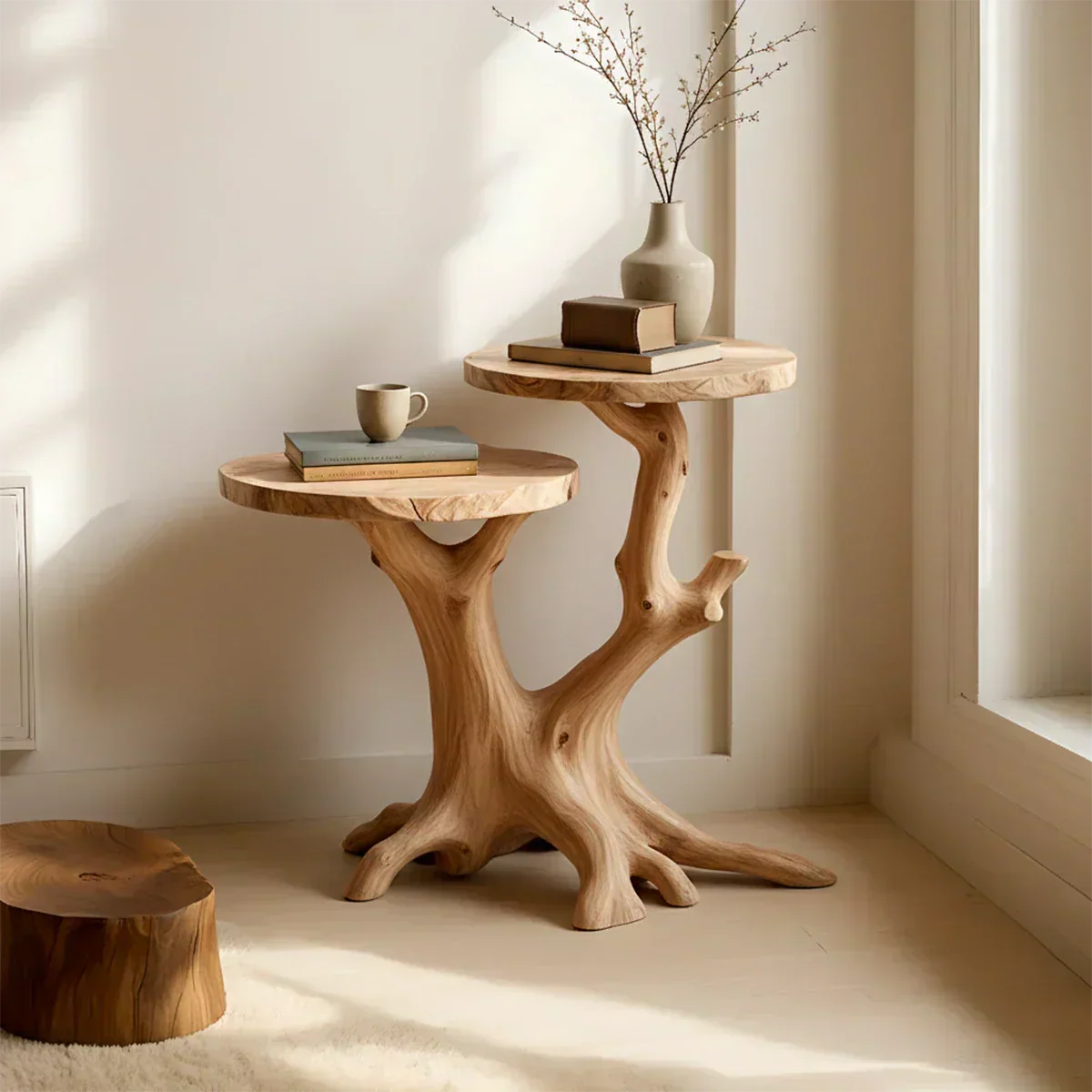 Solid Wood Accent Table – Modern Sculptural Branchform Twin Design - Woodenecho