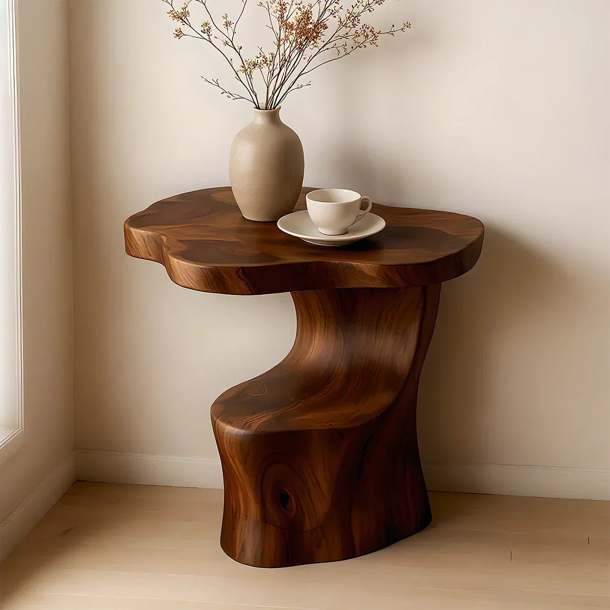 Solid Wood Accent Table – Modern Sculptural Flowform - Rustirawood