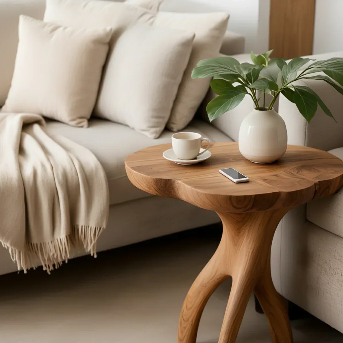 Solid Wood Accent Table – Modern Sculptural Tri-Branch Design - Rustirawood
