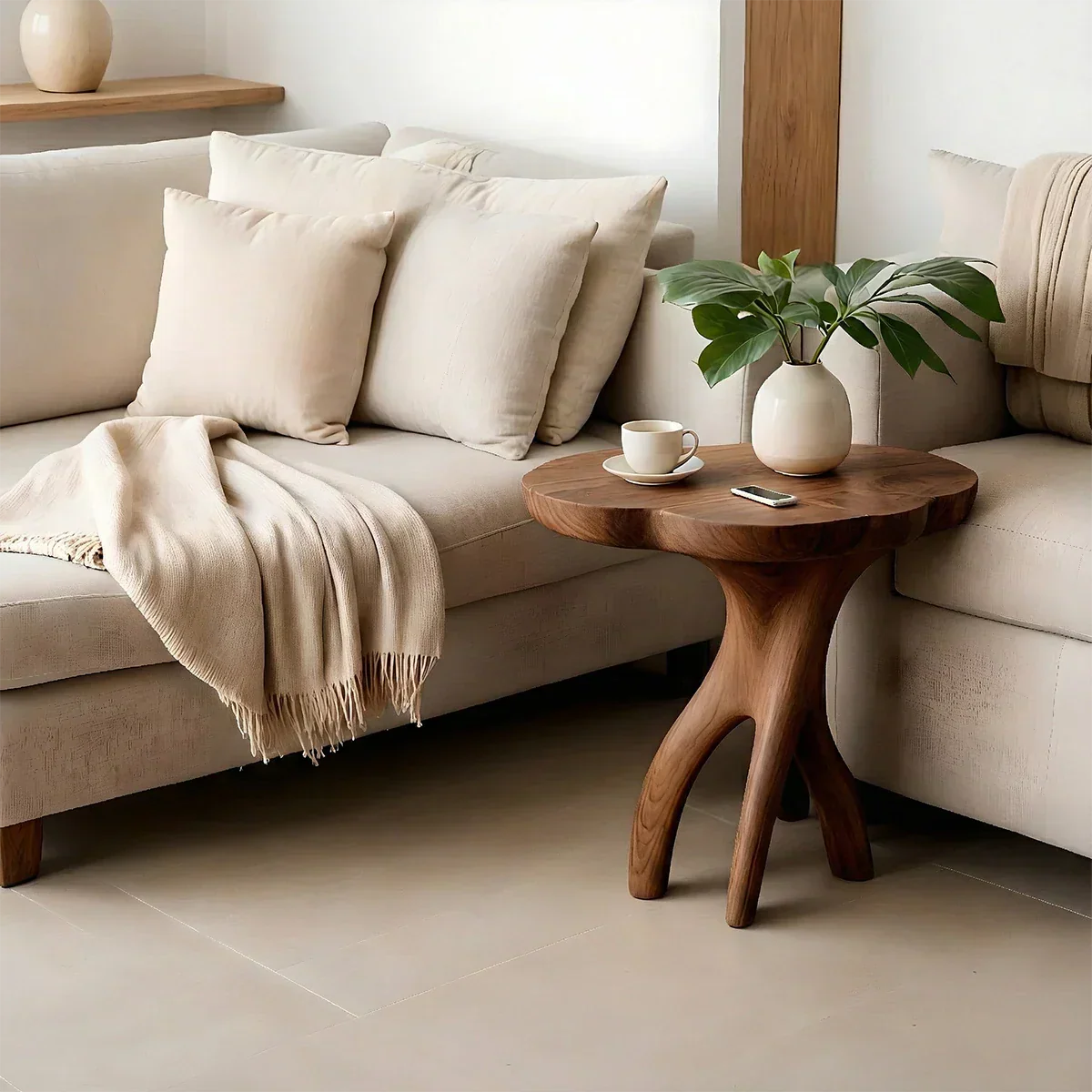 Solid Wood Accent Table – Modern Sculptural Tri-Branch Design - Rustirawood