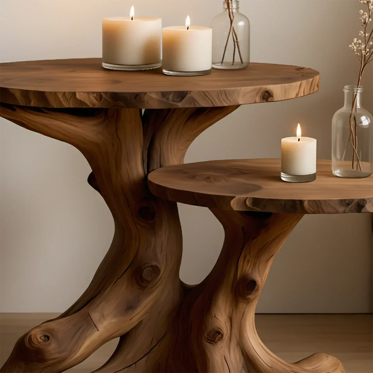 Solid Wood Accent Table Set – Modern Sculptural Rooted Branchform Design - Rustirawood