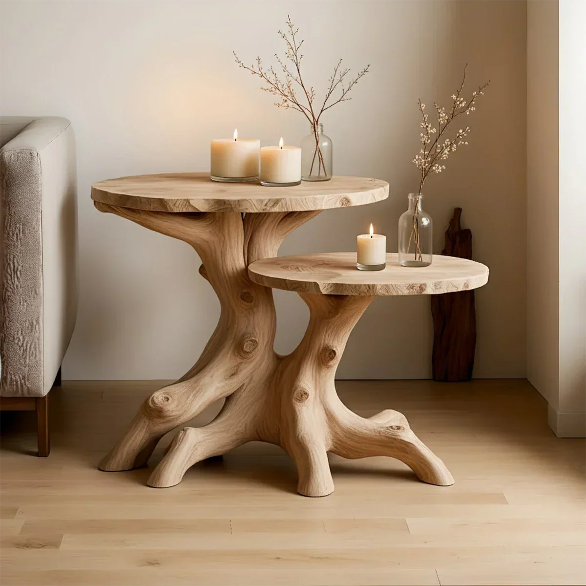 Solid Wood Accent Table Set – Modern Sculptural Rooted Branchform Design - Rustirawood