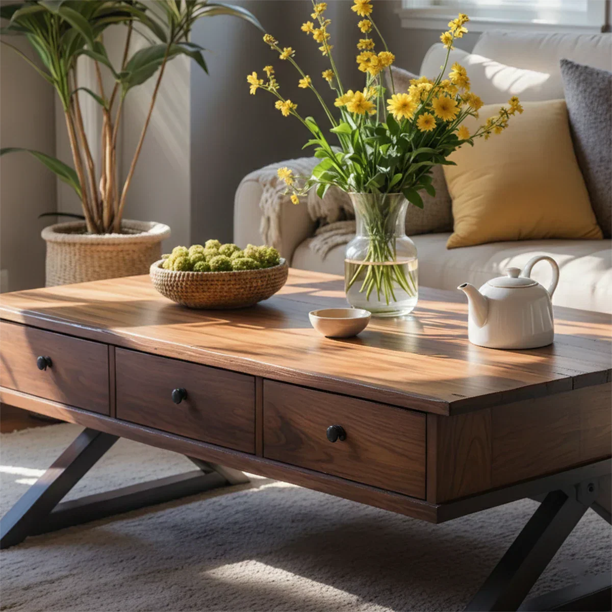 Solid Wood Coffee Table with Drawers – Minimalist Storage Coffee Table - Rustirawood