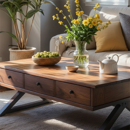 Solid Wood Coffee Table with Drawers – Minimalist Storage Coffee Table - Rustirawood