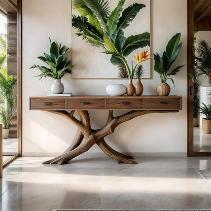 Solid Wood Console Table with Branch-Inspired Sculptural Base & Drawers - Rustirawood