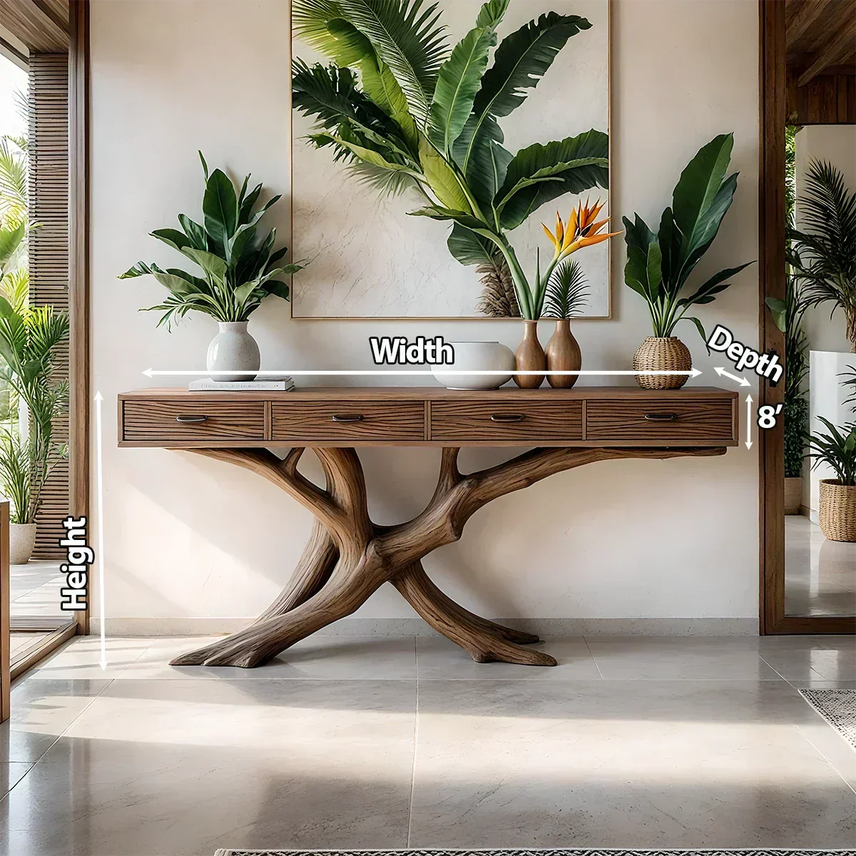 Solid Wood Console Table with Branch-Inspired Sculptural Base & Drawers - Rustirawood