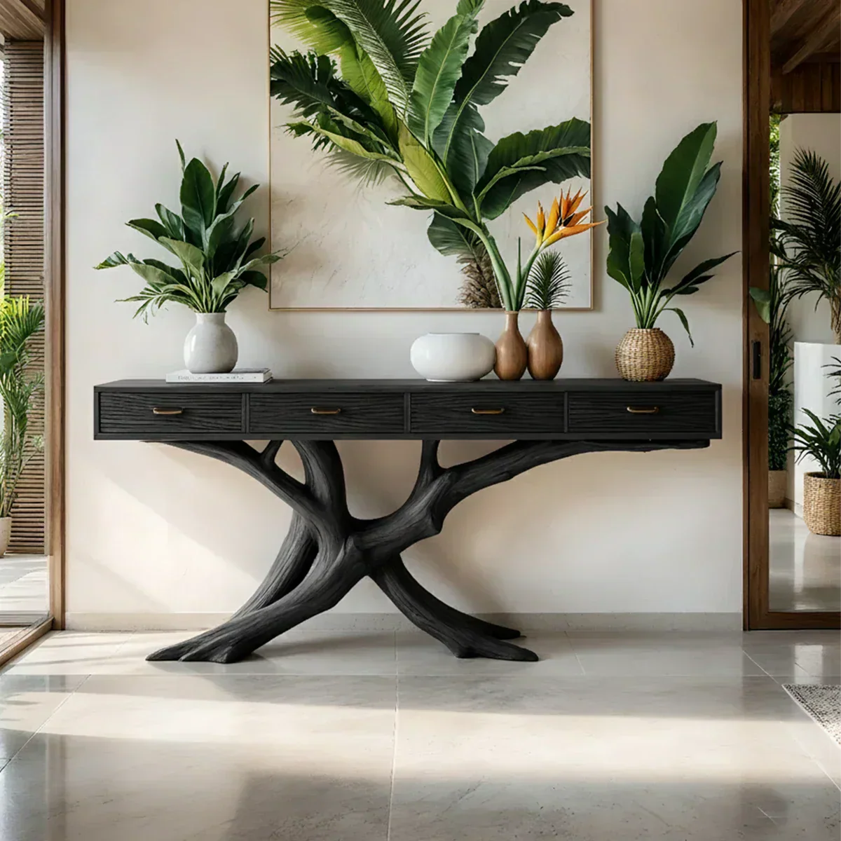 Solid Wood Console Table with Branch-Inspired Sculptural Base & Drawers - Rustirawood