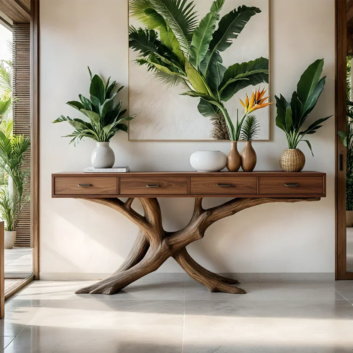 Solid Wood Console Table with Branch-Inspired Sculptural Base & Drawers - Rustirawood