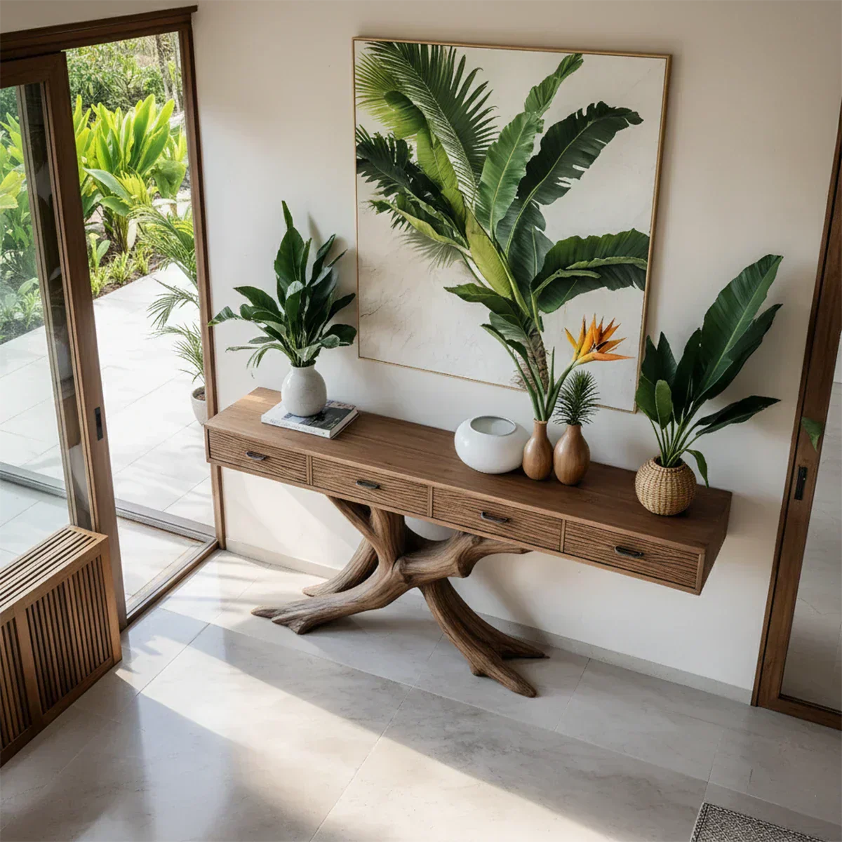 Solid Wood Console Table with Branch-Inspired Sculptural Base & Drawers - Woodenecho