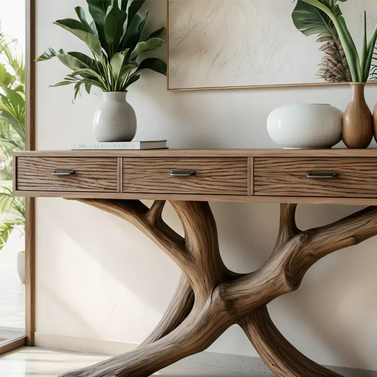 Solid Wood Console Table with Branch-Inspired Sculptural Base & Drawers - Woodenecho