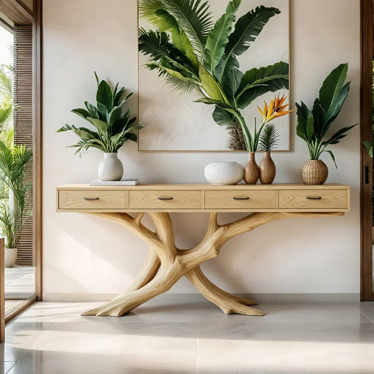 Solid Wood Console Table with Branch-Inspired Sculptural Base & Drawers - Woodenecho