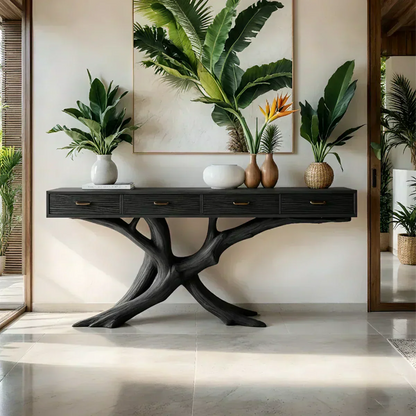 Solid Wood Console Table with Branch-Inspired Sculptural Base & Drawers - Woodenecho
