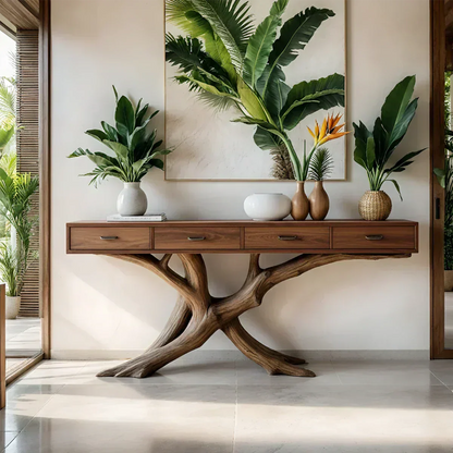 Solid Wood Console Table with Branch-Inspired Sculptural Base & Drawers - Woodenecho