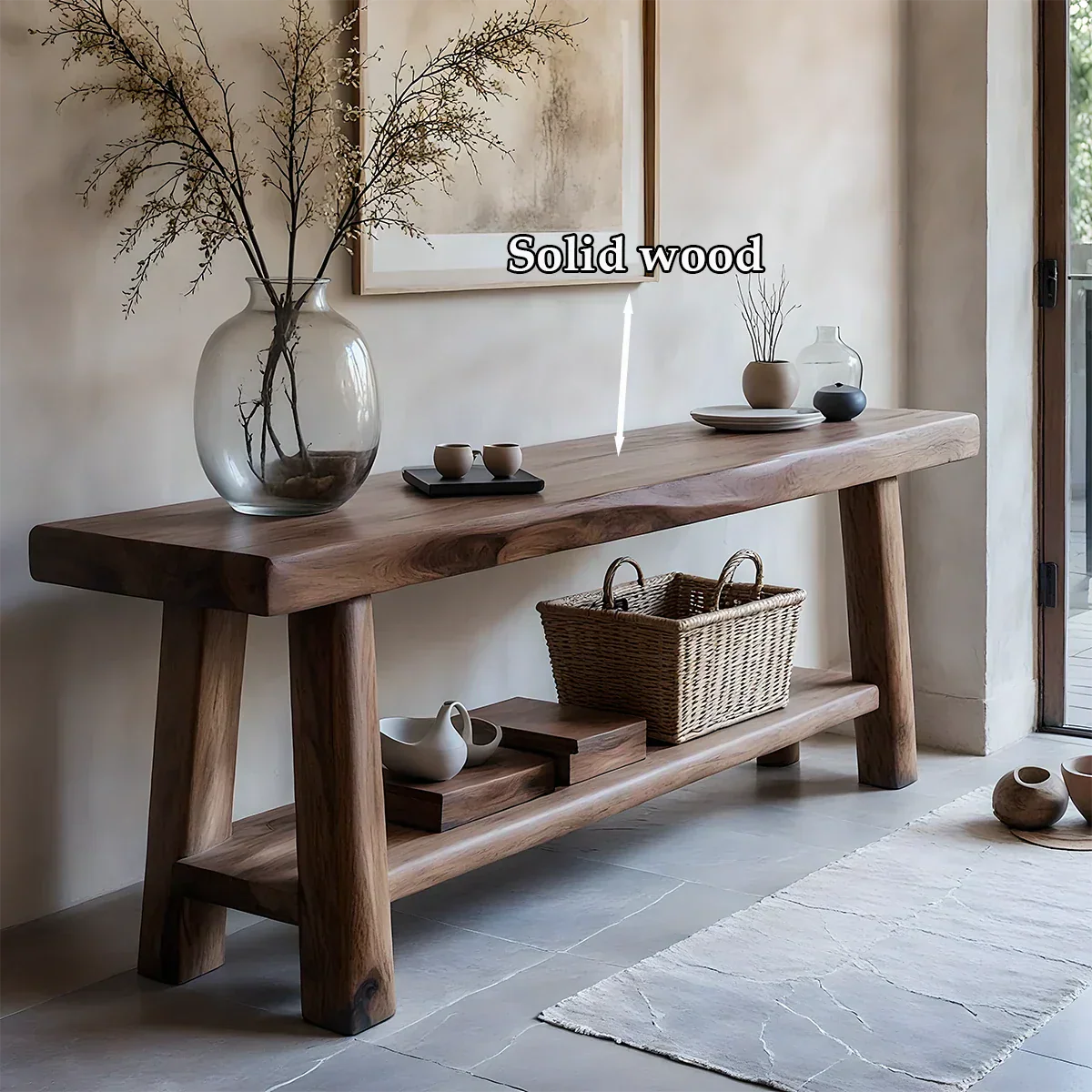 Solid Wood Console Table with Lower Shelf – Modern Natural Craft - Rustirawood
