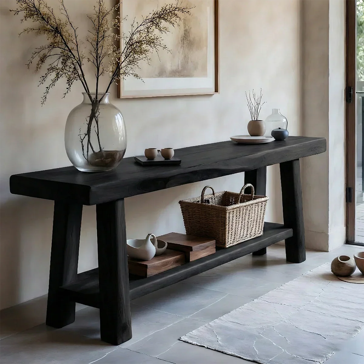 Solid Wood Console Table with Lower Shelf – Modern Natural Craft - Rustirawood