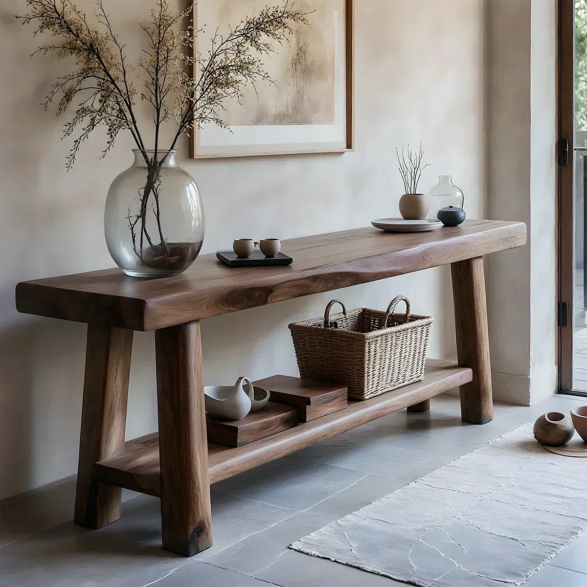 Solid Wood Console Table with Lower Shelf – Modern Natural Craft - Woodenecho
