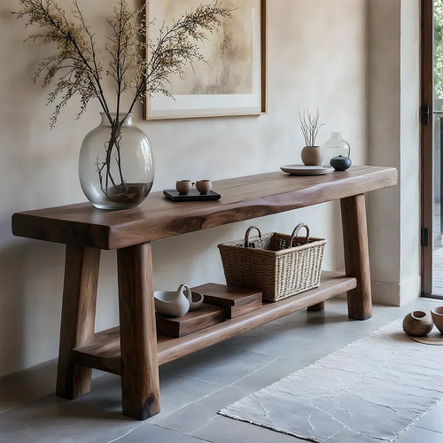 Solid Wood Console Table with Lower Shelf – Modern Natural Craft - Woodenecho