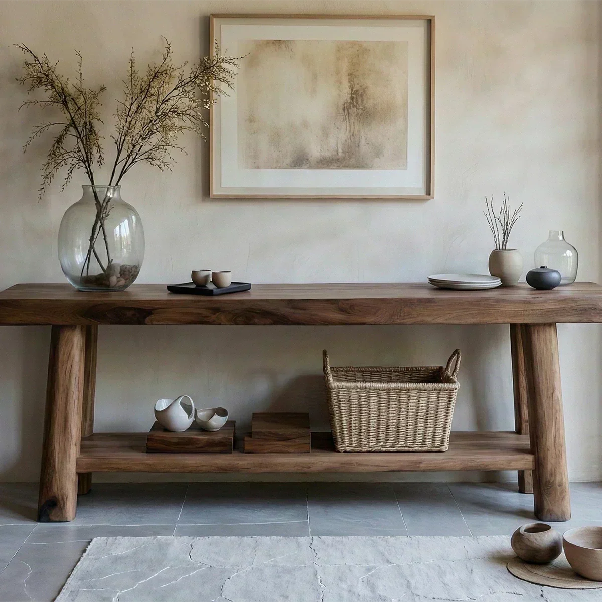 Solid Wood Console Table with Lower Shelf – Modern Natural Craft - Woodenecho