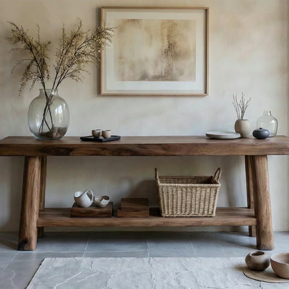 Solid Wood Console Table with Lower Shelf – Modern Natural Craft - Woodenecho