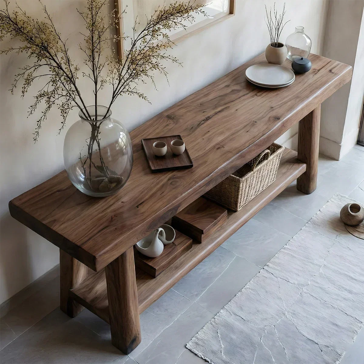 Solid Wood Console Table with Lower Shelf – Modern Natural Craft - Woodenecho