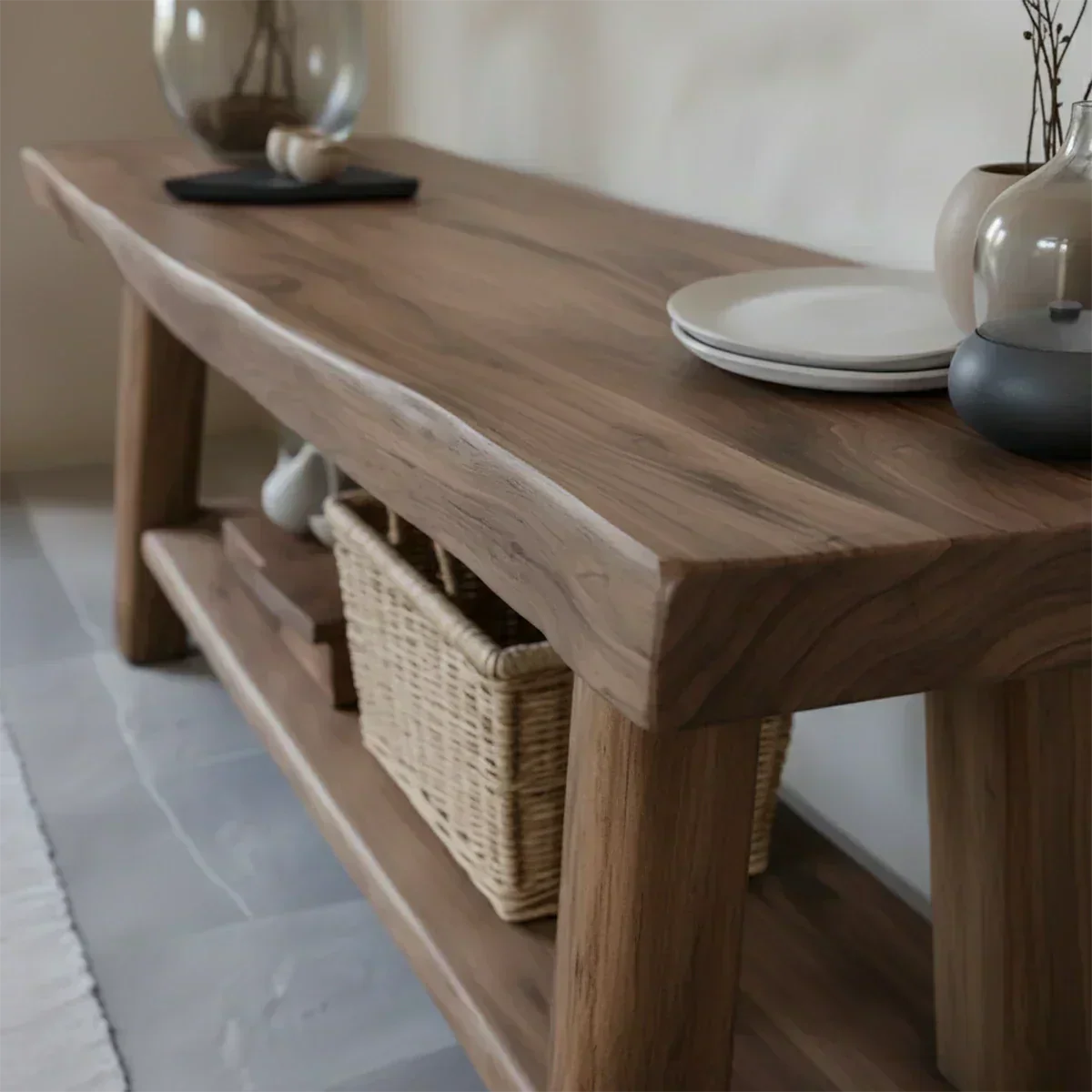 Solid Wood Console Table with Lower Shelf – Modern Natural Craft - Woodenecho