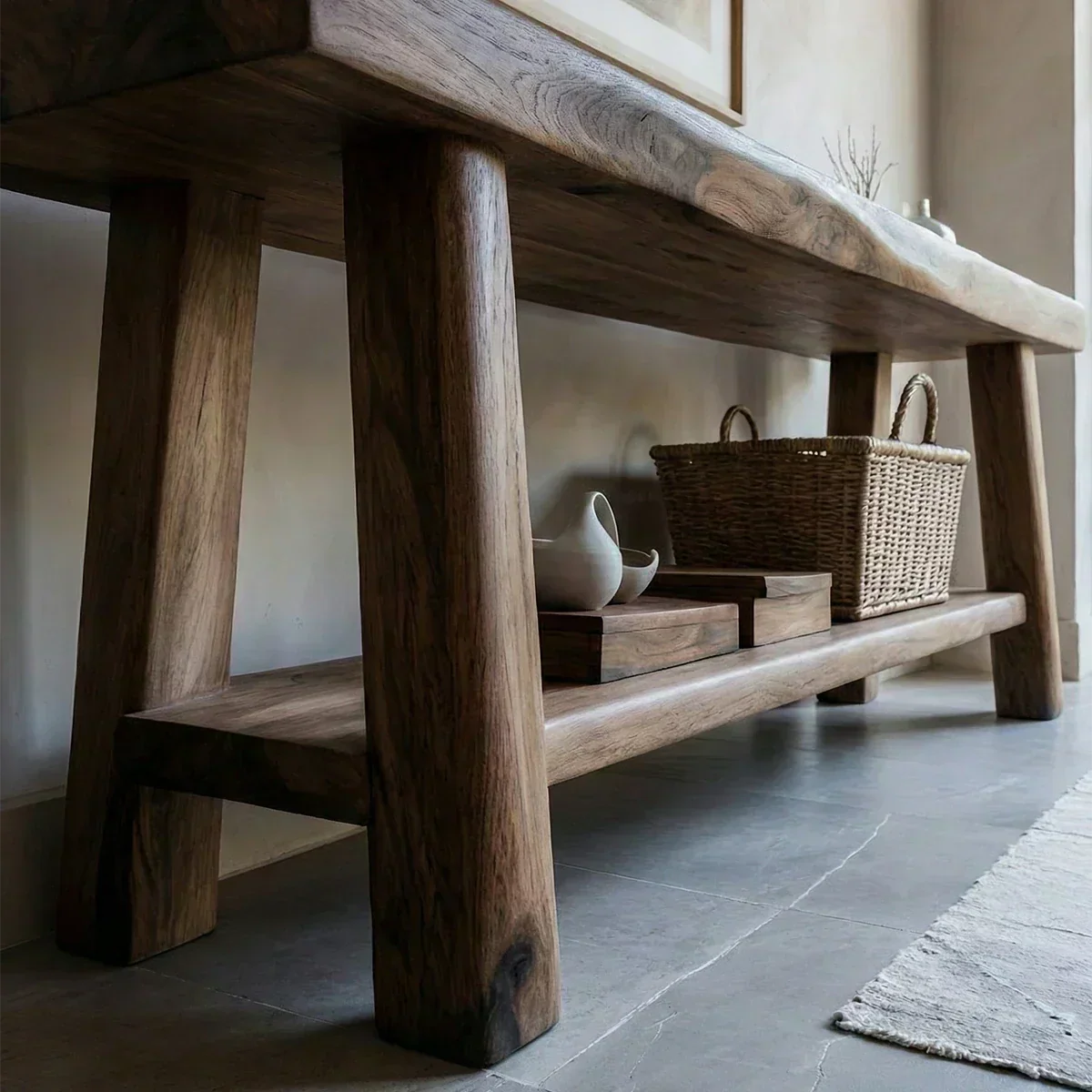 Solid Wood Console Table with Lower Shelf – Modern Natural Craft - Woodenecho