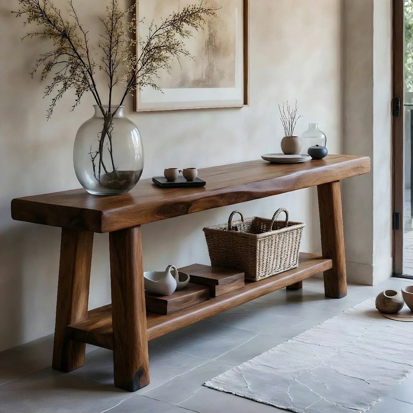 Solid Wood Console Table with Lower Shelf – Modern Natural Craft - Woodenecho