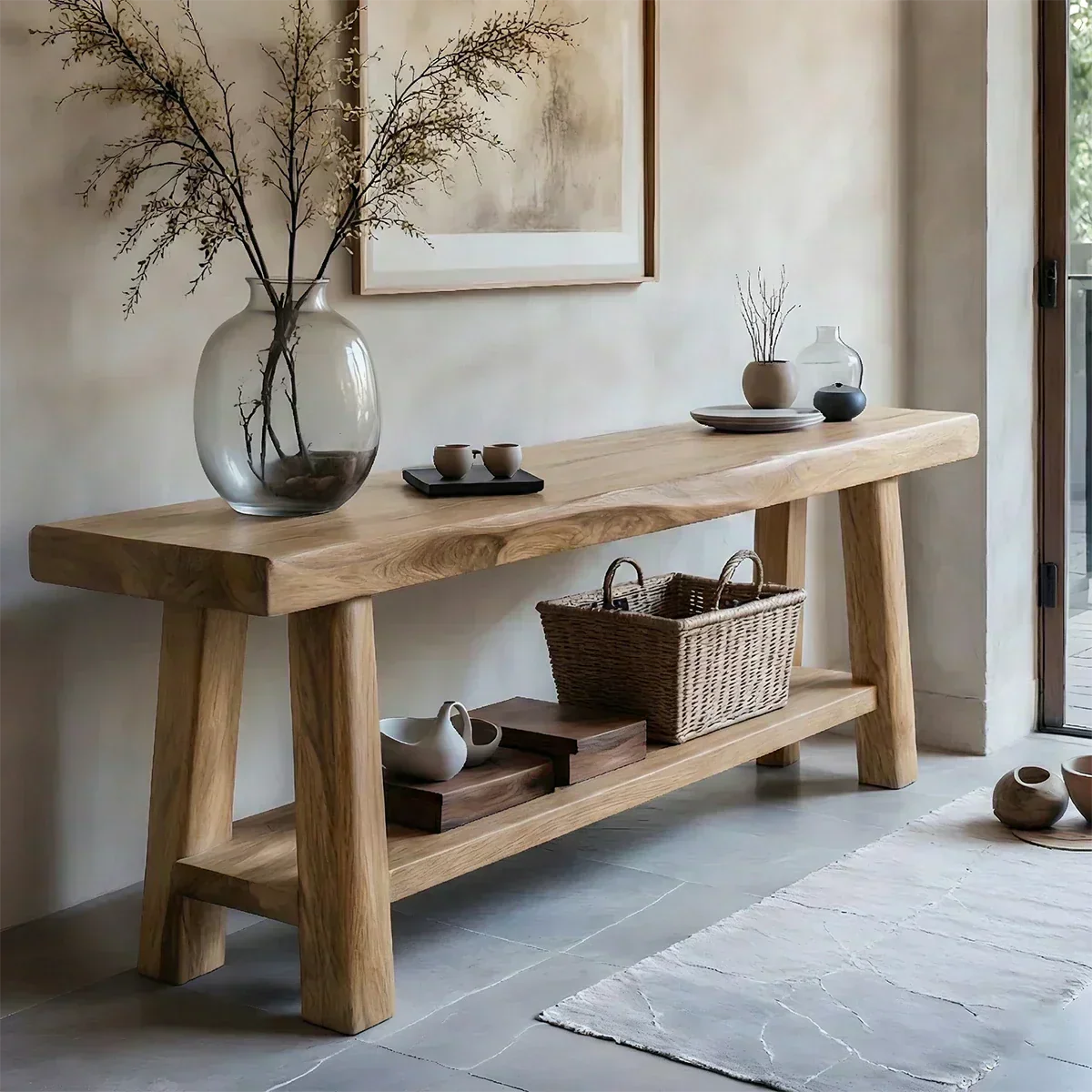 Solid Wood Console Table with Lower Shelf – Modern Natural Craft - Woodenecho