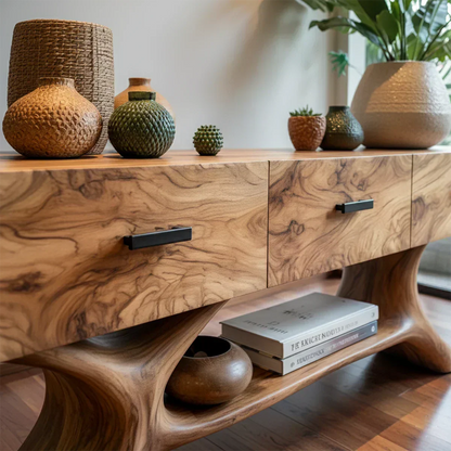 Solid Wood Console Table with Organic Sculptural Base & Drawers - Rustirawood