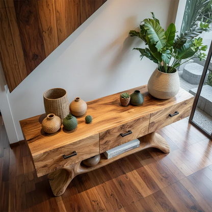 Solid Wood Console Table with Organic Sculptural Base & Drawers - Rustirawood