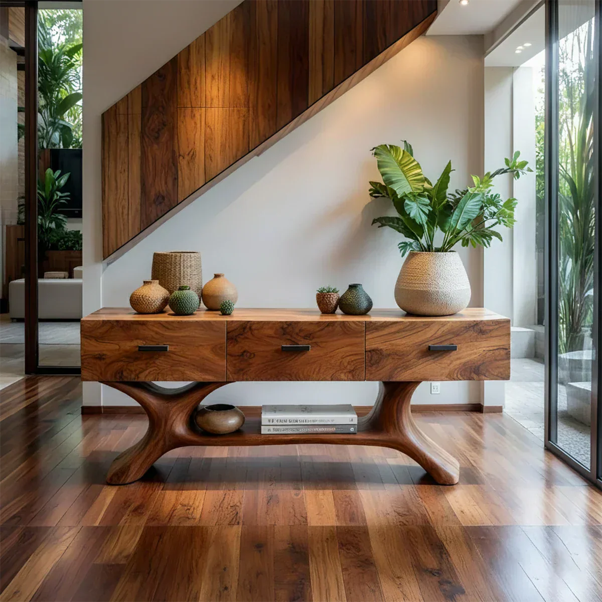 Solid Wood Console Table with Organic Sculptural Base & Drawers - Rustirawood