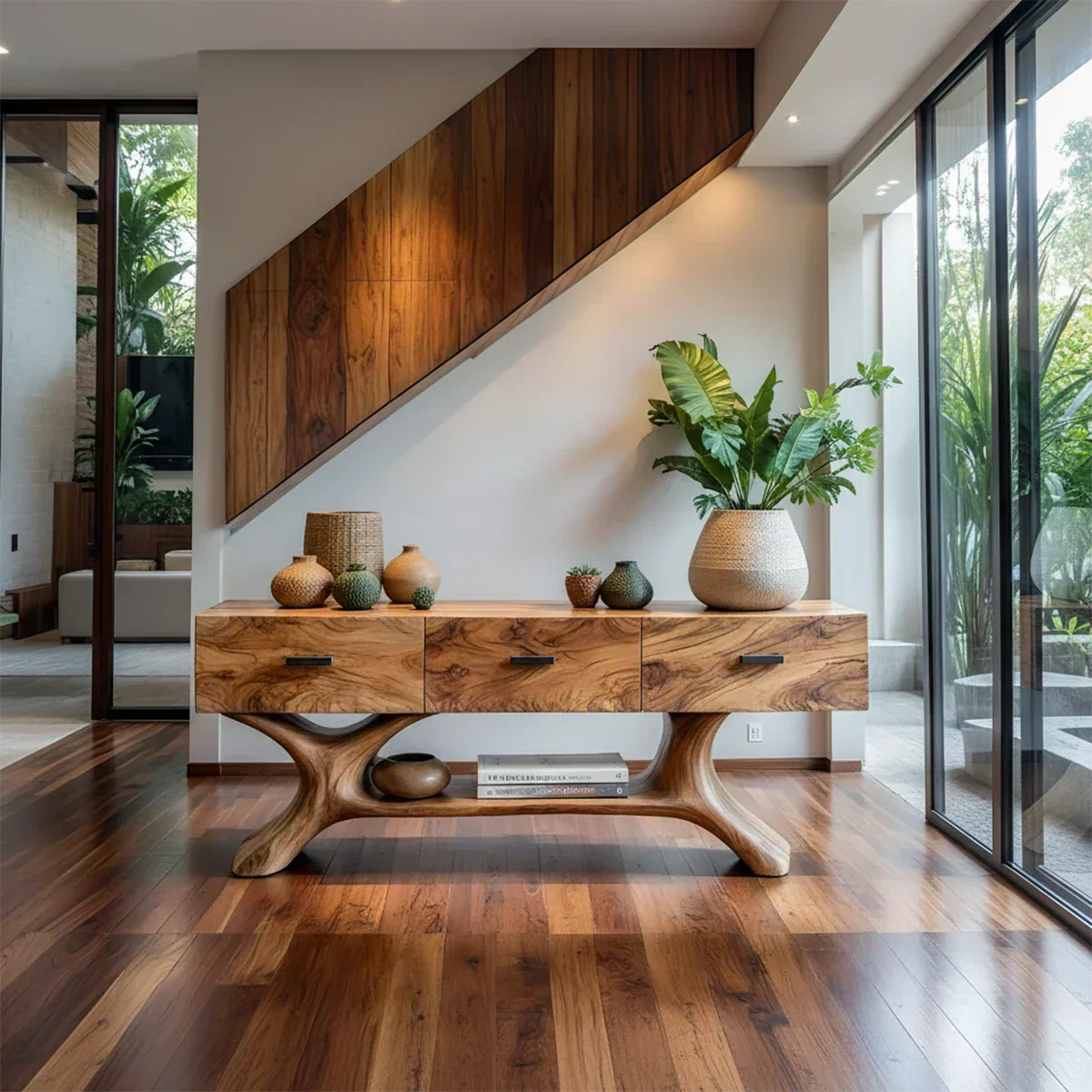 Solid Wood Console Table with Organic Sculptural Base & Drawers - Woodenecho