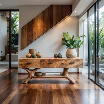 Solid Wood Console Table with Organic Sculptural Base & Drawers - Woodenecho