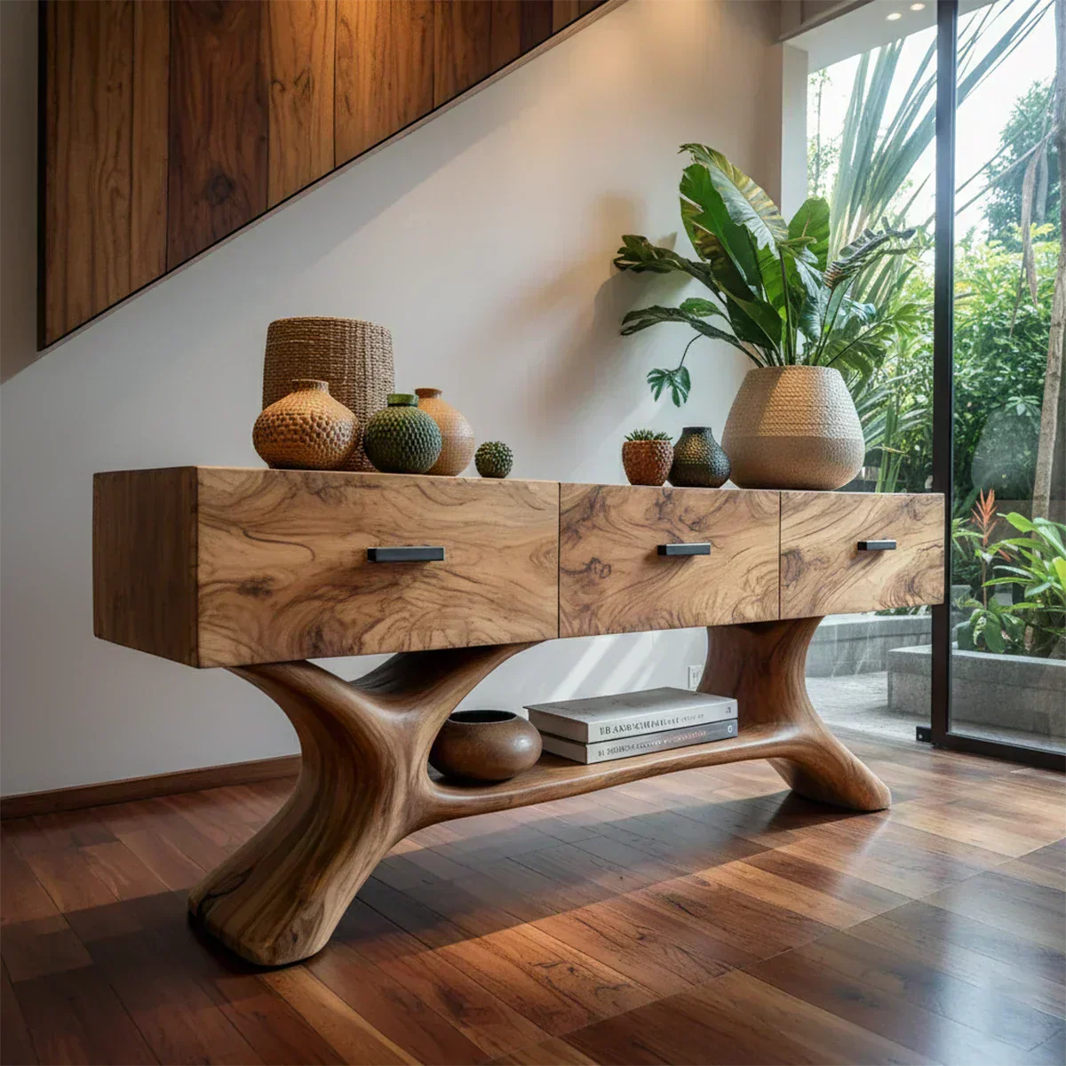 Solid Wood Console Table with Organic Sculptural Base & Drawers - Woodenecho