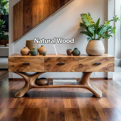 Solid Wood Console Table with Organic Sculptural Base & Drawers - Woodenecho