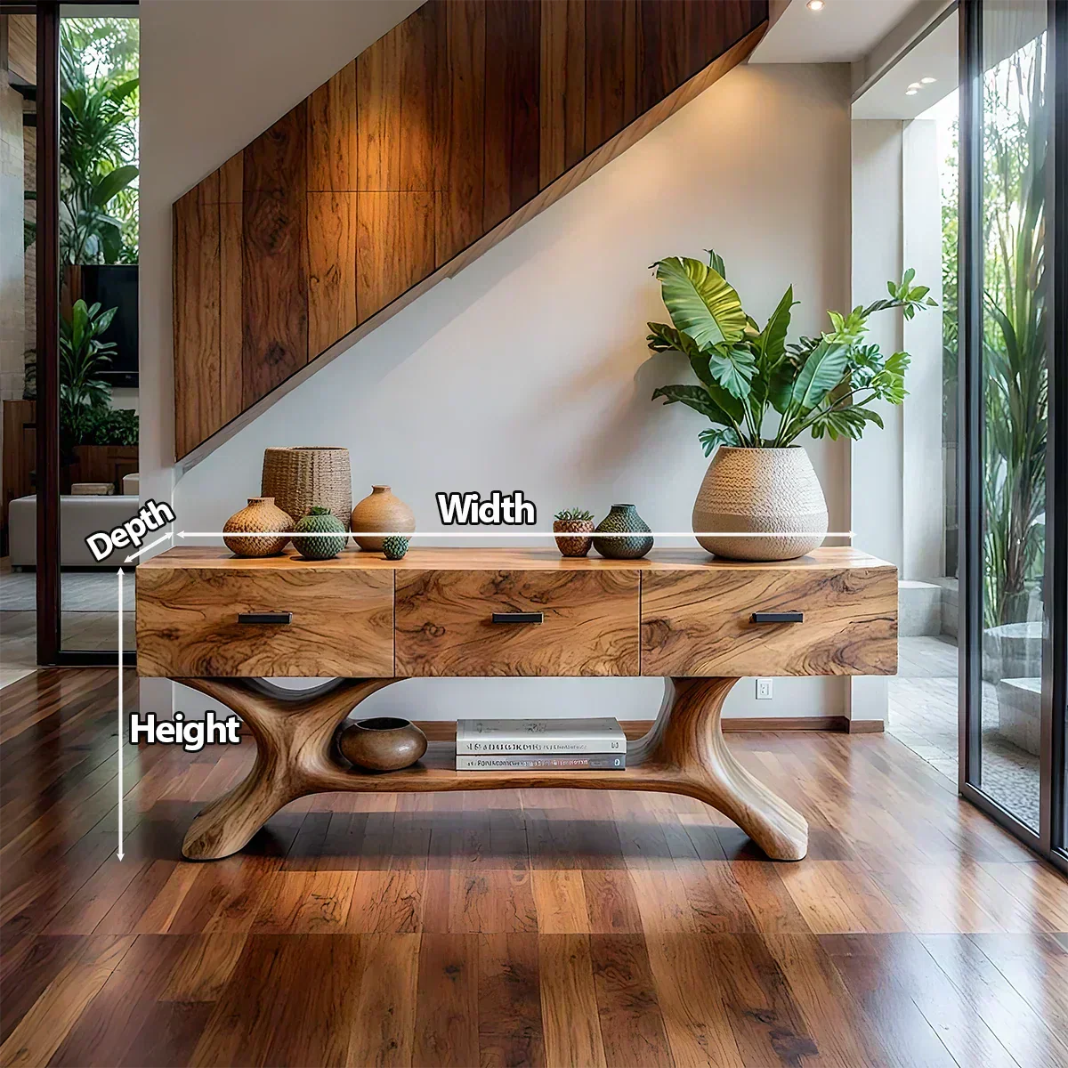 Solid Wood Console Table with Organic Sculptural Base & Drawers - Woodenecho