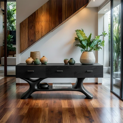 Solid Wood Console Table with Organic Sculptural Base & Drawers - Woodenecho