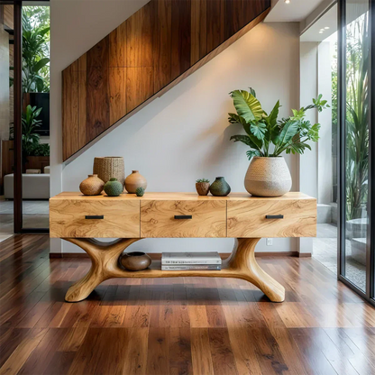 Solid Wood Console Table with Organic Sculptural Base & Drawers - Woodenecho