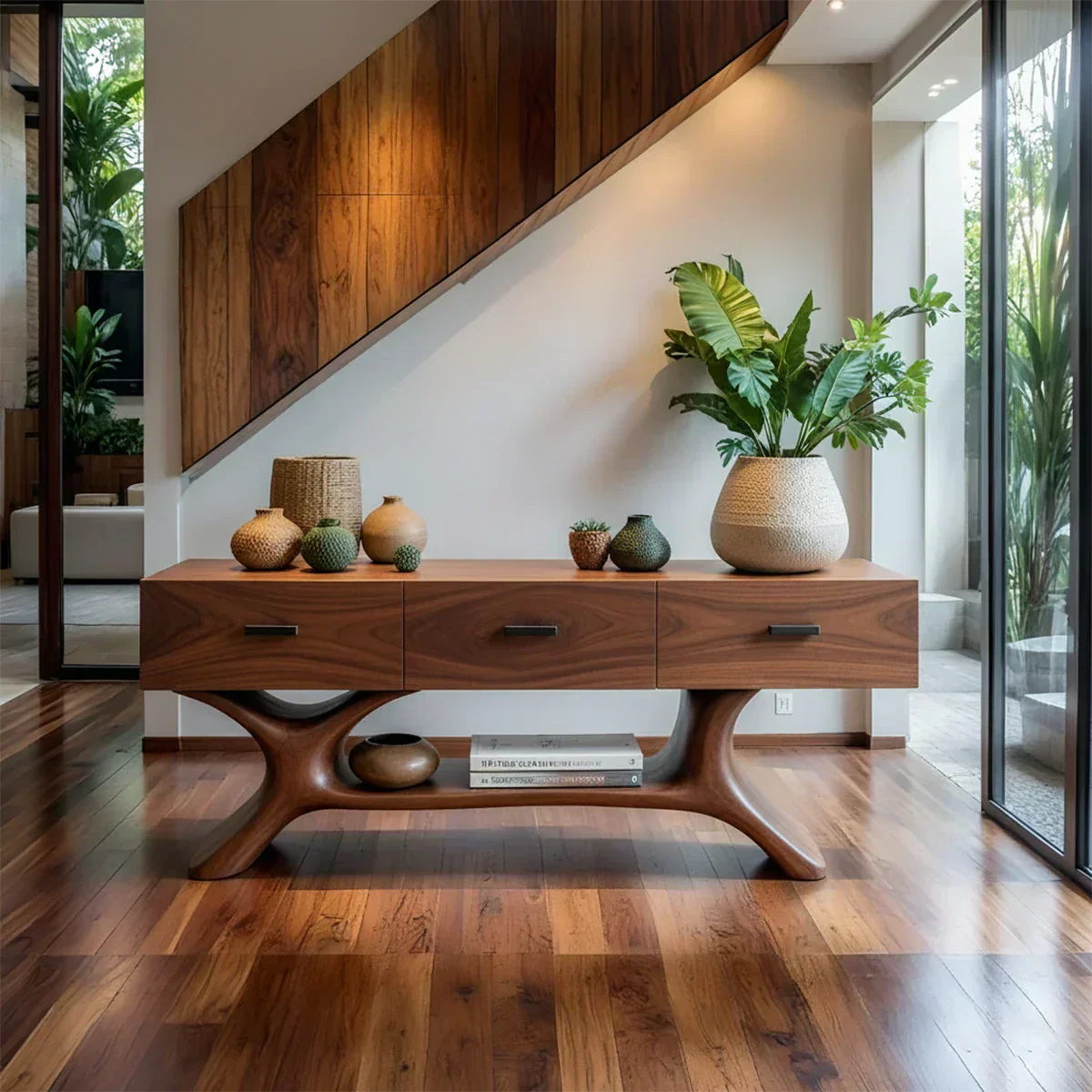 Solid Wood Console Table with Organic Sculptural Base & Drawers - Woodenecho