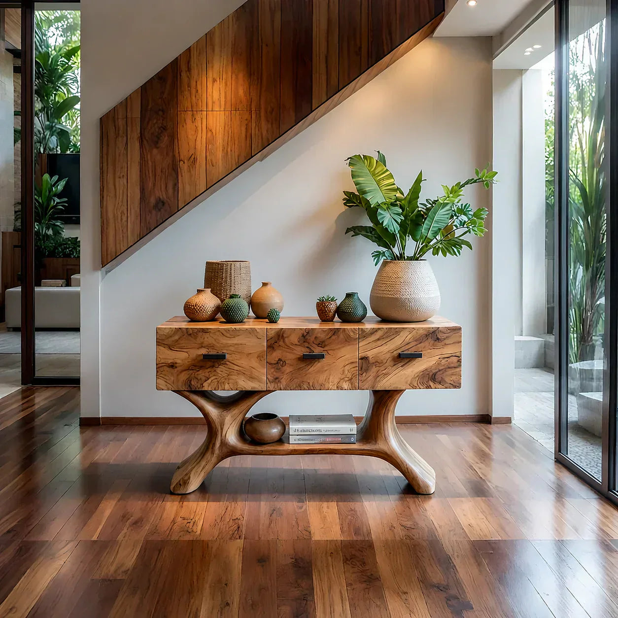 Solid Wood Console Table with Organic Sculptural Base & Drawers - Woodenecho