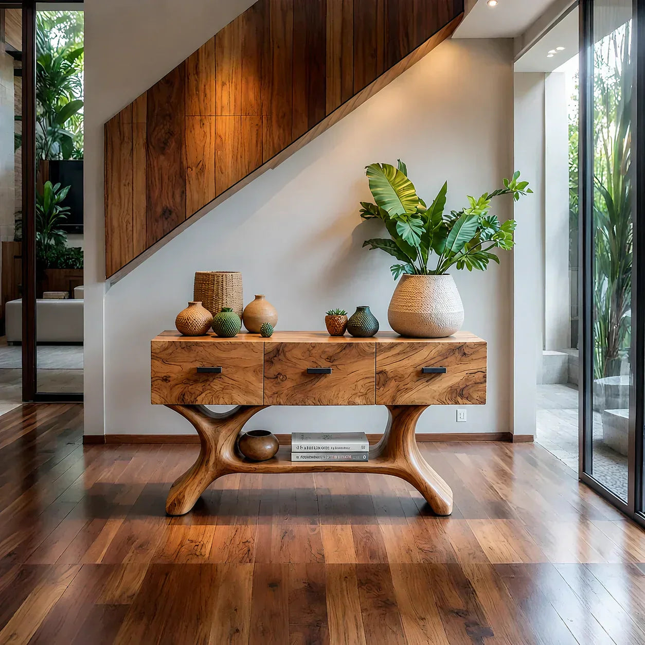 Solid Wood Console Table with Organic Sculptural Base & Drawers - Woodenecho