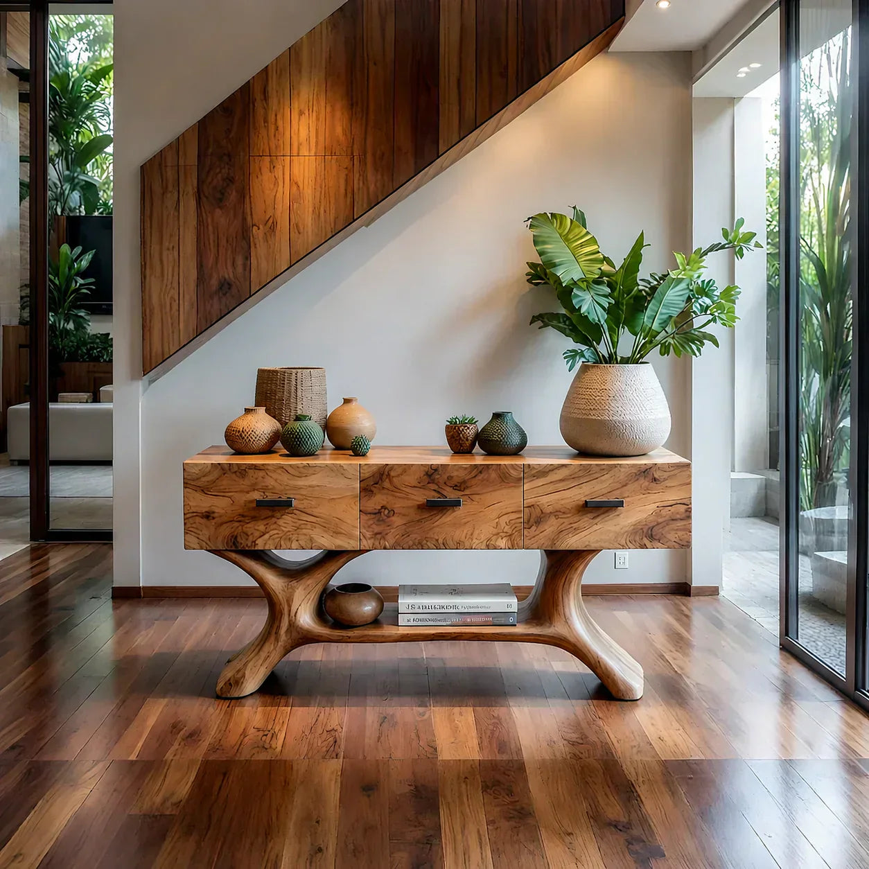 Solid Wood Console Table with Organic Sculptural Base & Drawers - Woodenecho