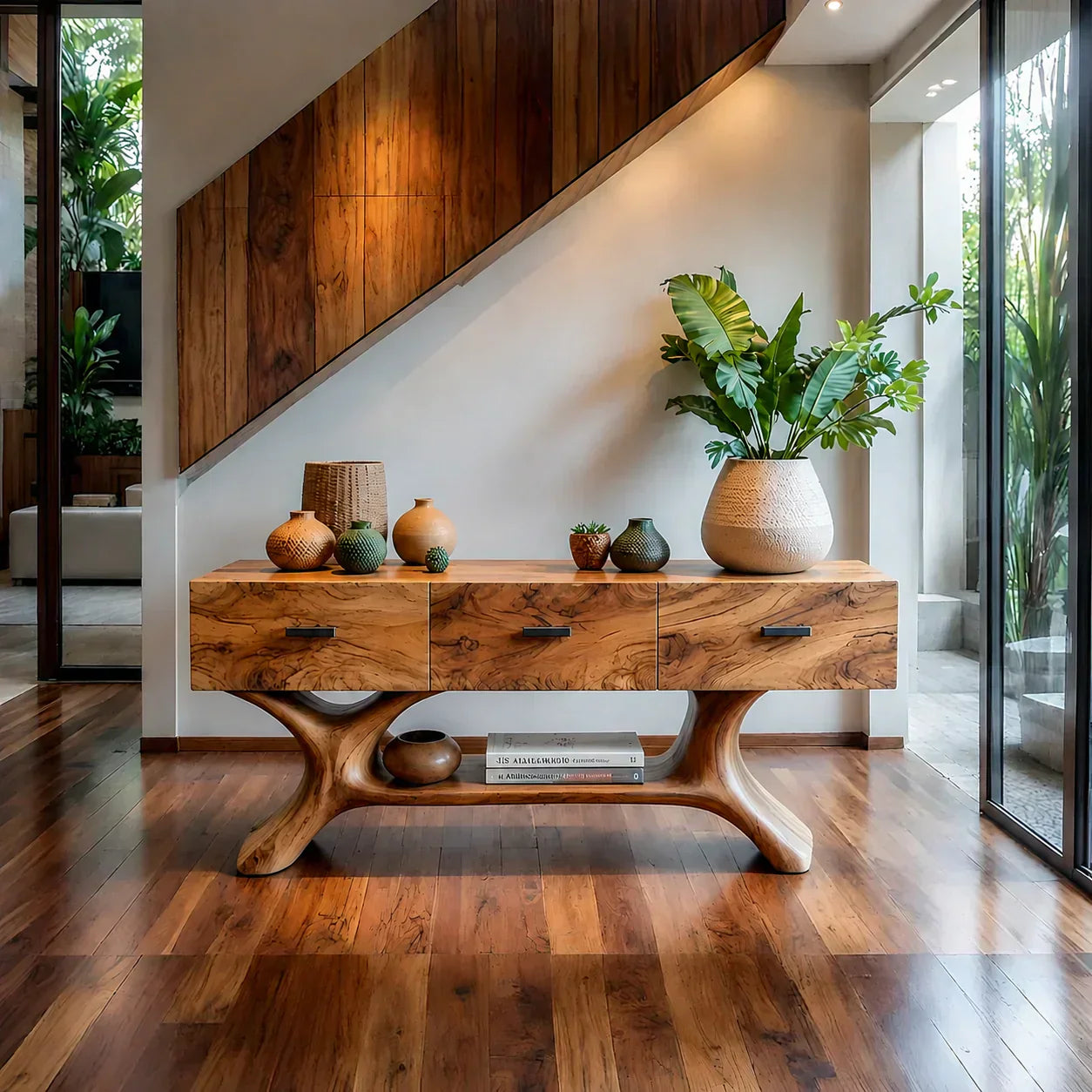 Solid Wood Console Table with Organic Sculptural Base & Drawers - Woodenecho