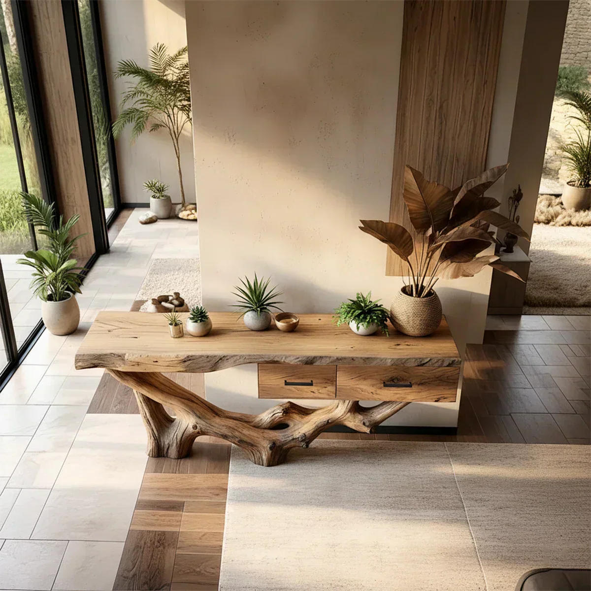 Solid Wood Console Table with Raw-Edge Top & Sculpted Root-Form Base - Rustirawood
