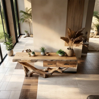 Solid Wood Console Table with Raw-Edge Top & Sculpted Root-Form Base - Rustirawood