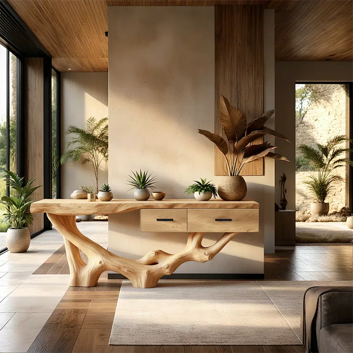 Solid Wood Console Table with Raw-Edge Top & Sculpted Root-Form Base - Rustirawood