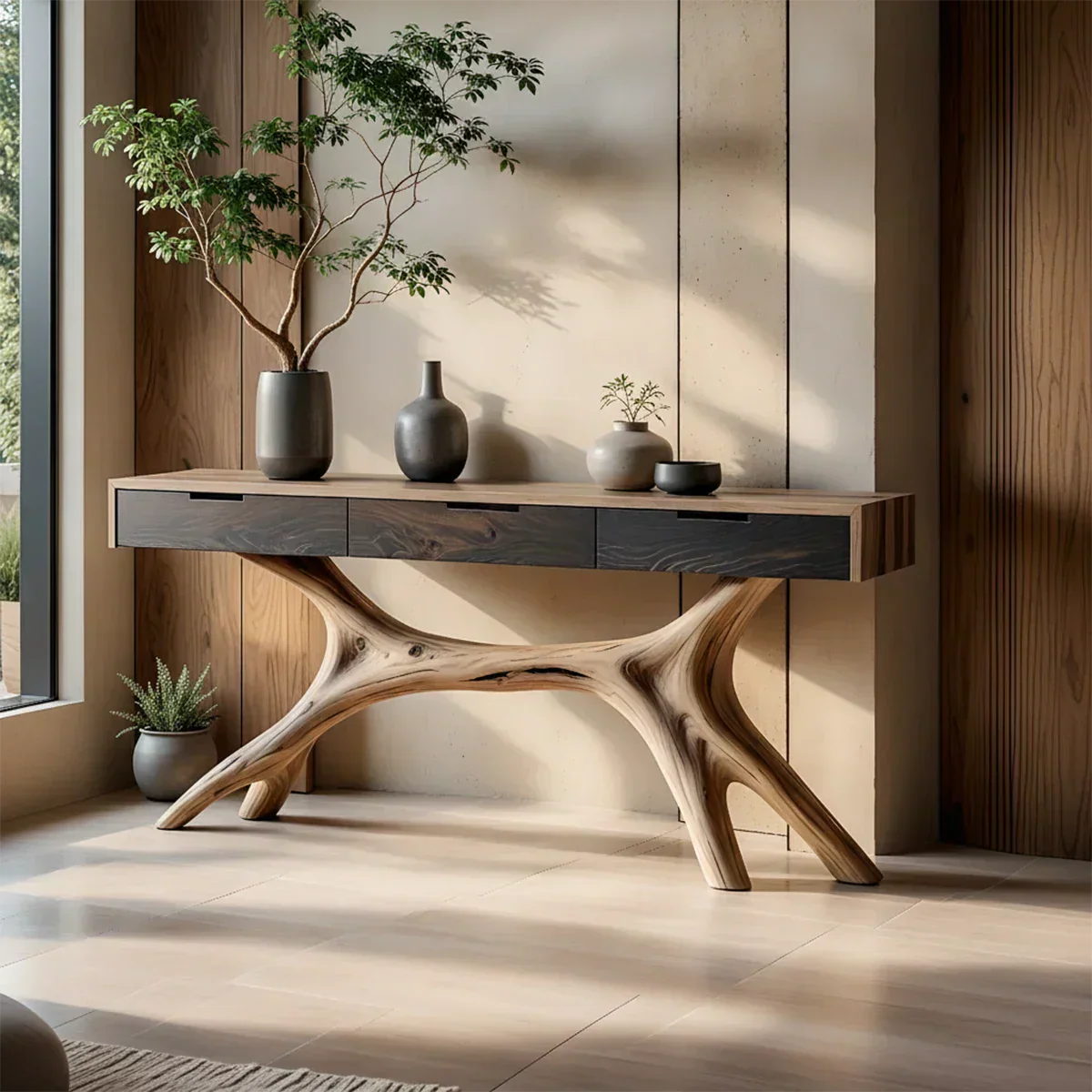 Solid Wood Console Table with Sculptural Branch-Form Base & Drawers - Rustirawood