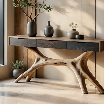 Solid Wood Console Table with Sculptural Branch-Form Base & Drawers - Rustirawood