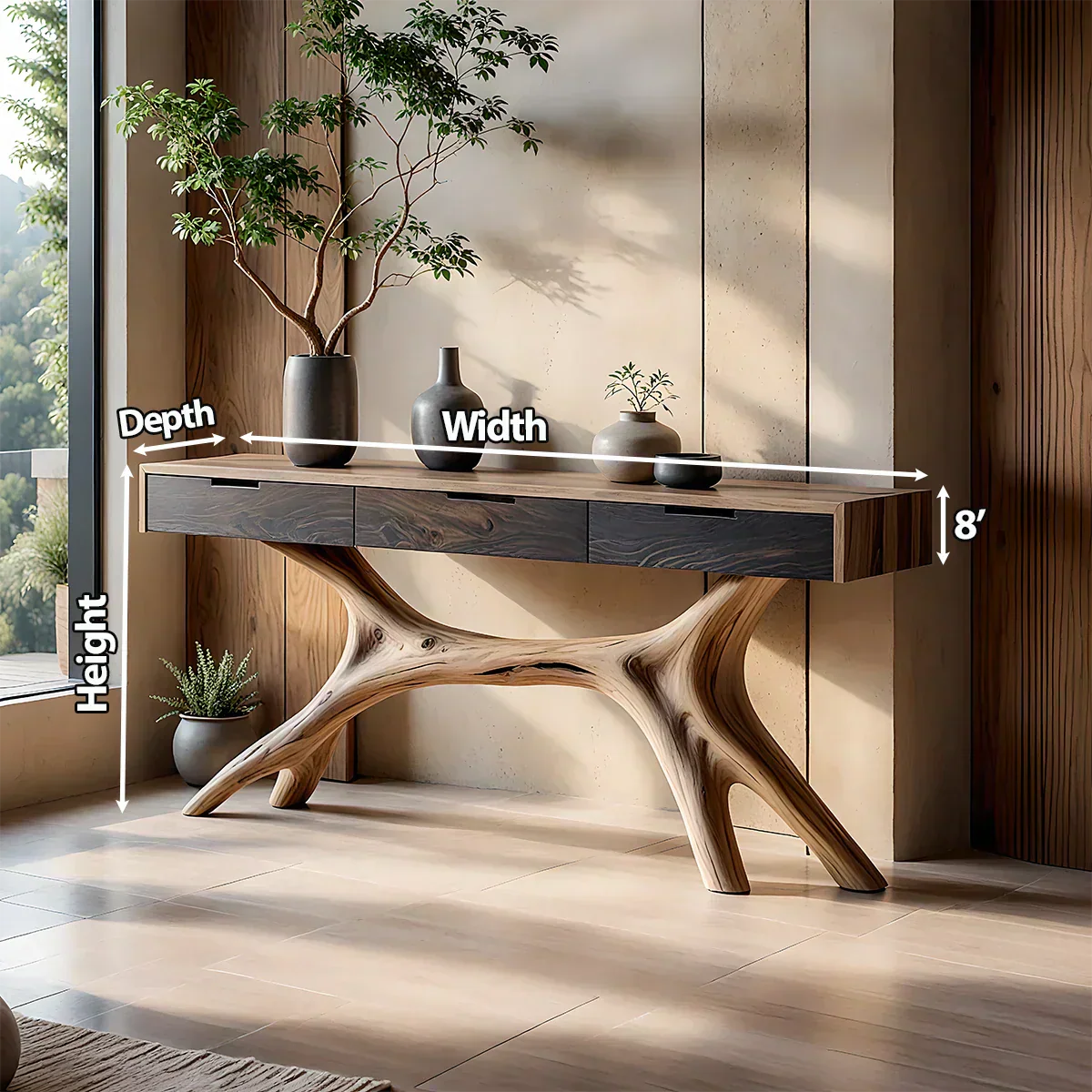 Solid Wood Console Table with Sculptural Branch-Form Base & Drawers - Rustirawood
