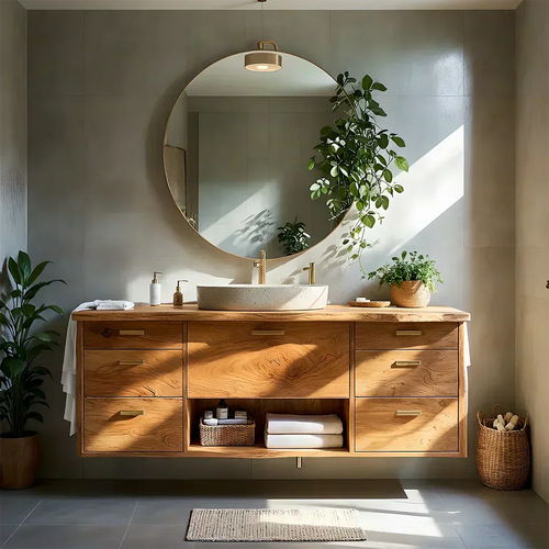 Solid Wood Double Floating Vanity with Stone Basin - Woodenecho